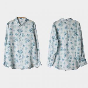 Blue Flowers White Shirt Lapel Neck Oversized Blouse