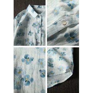 Blue Flowers White Shirt Lapel Neck Oversized Blouse