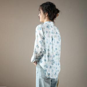 Blue Flowers White Shirt Lapel Neck Oversized Blouse