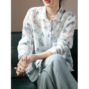 Blue Flowers White Shirt Lapel Neck Oversized Blouse