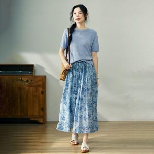 Tropical Summer Blue Maxi Skirt Ramie Beach A-Line Skirt