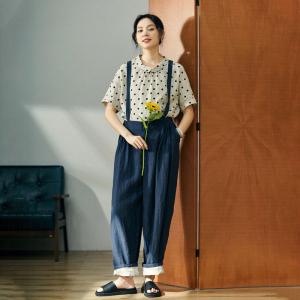 Preppy Style Linen Suspender Pants Backless Summer Pants