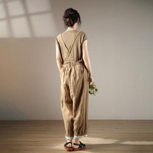 Preppy Style Linen Suspender Pants Backless Summer Pants