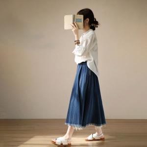 Raw Hem A-Line Skirt Cotton Soft Jean Skirt