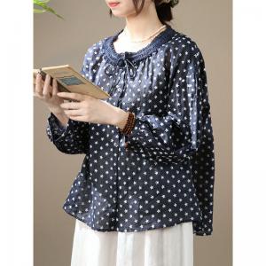 White Floral Embroidery Blouse Tied Collar Ramie Doll Blouse