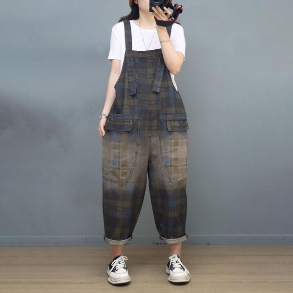 Stone Wash Black Tartan Overalls Baggy Gardening Overalls