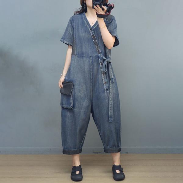 Slanted Button V-Neck Tied Jumpsuits Soft Denim Casual Coveralls