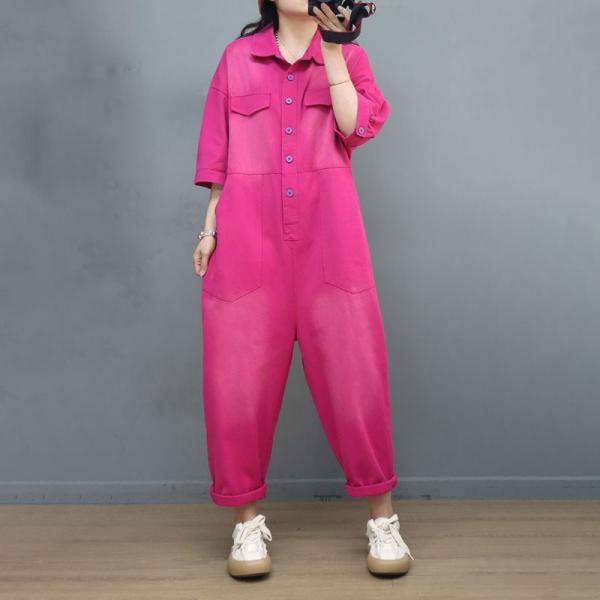 Pop Colors Polo Neck Jumpsuits Half Sleeves Cotton Coveralls