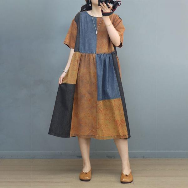 Color Blocks Loose Resort Dress Cotton Linen Summer Dress