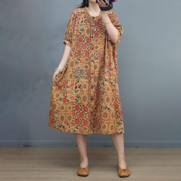 Summer Yellow Floral Dress Cotton Linen Plus Size Petite Dress