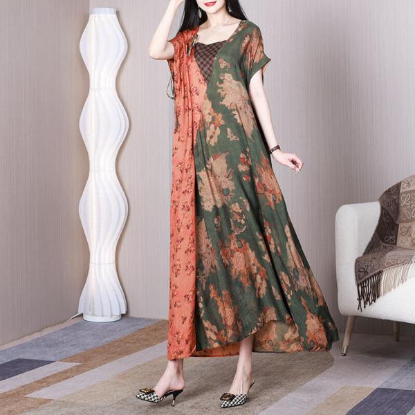 Bi-Colored Printed Maxi Kimono Dress Short Sleeves Cruise Dress