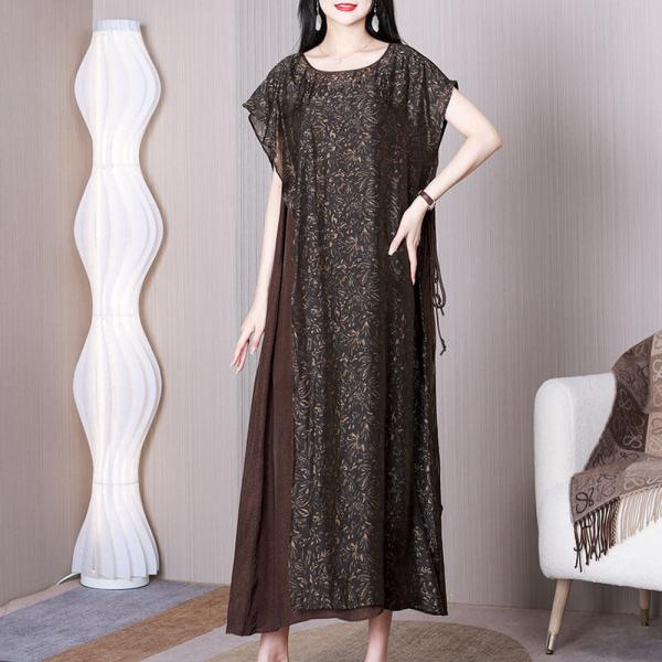 Mulberry Silk Coffee Floral Dress Layering Tied Shift Dress