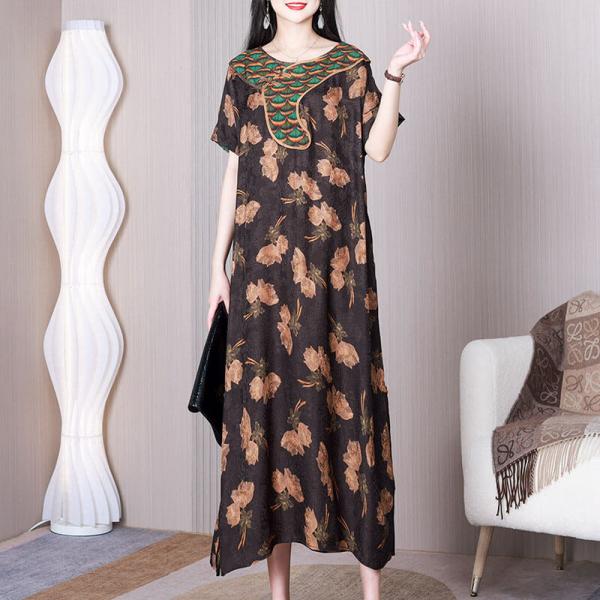 Rose Printed Loose Chinese Dress Elegant Senior Women Dress