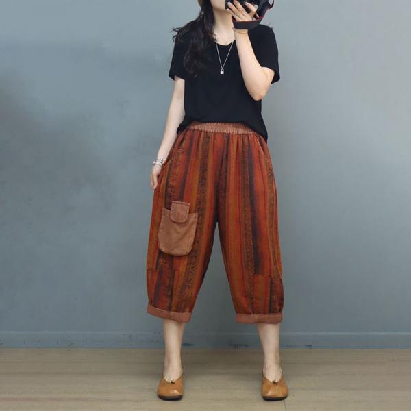 Pocket Ornament Striped Cropped Pants Cotton Linen Dotted Pants