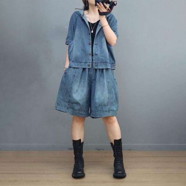 Soft Denim Summer Hooded Jacket with Jorts Sets