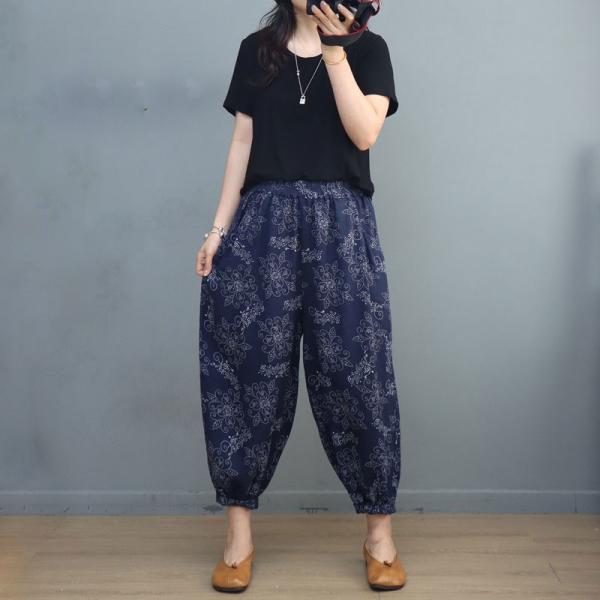 White Flowers Blue Linen Pants Womens Cozy Tapered Pants in Blue One ...