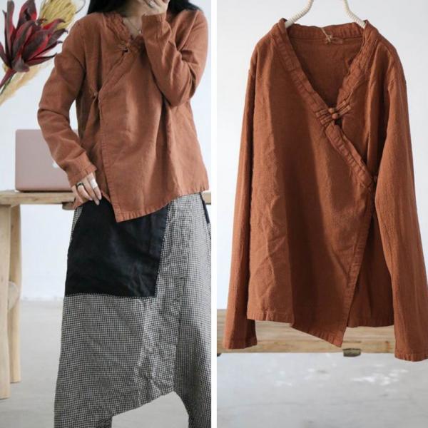 Long Sleeves Linen Chinese Button Wrap Blouse