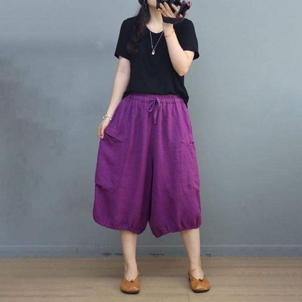 Solid Colors Linen Cropped Pants Wide Leg Gardening Pants