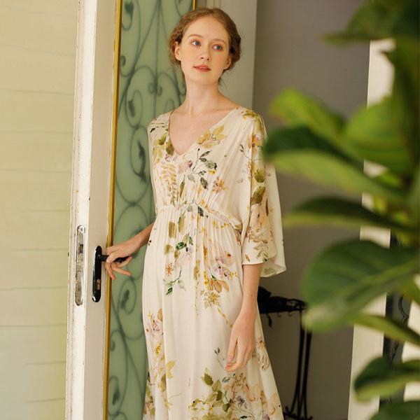 High Waist Floral Silk Sleep Dress V-Neck Summer Pajamas Dress