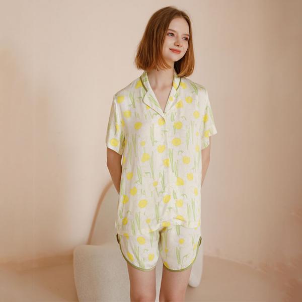 Daffodil Flowers Silk Yellow Short Pajamas Sets