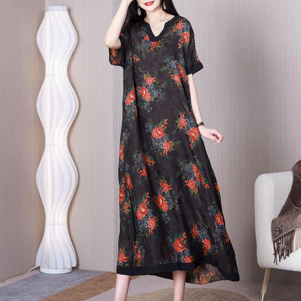 Red Flowers Silk Shift Dress Senior Women Black Caftan Dress