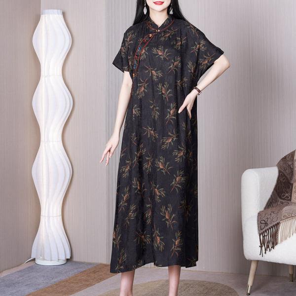 Modern Printed Chinese Qipao Loose Black Cheongsam