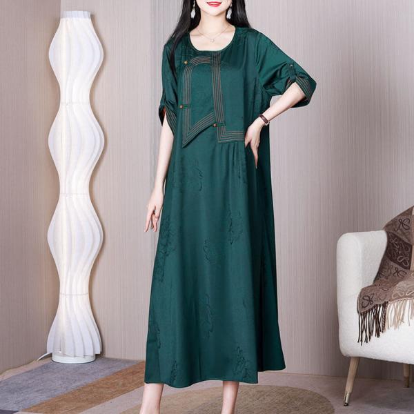 Chinese Frog Button Green Dress Loose Jacquard Elegant Dress