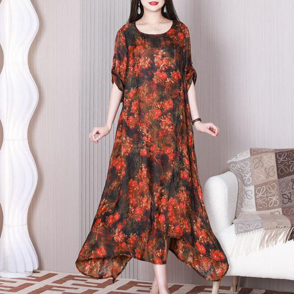 Summer Red Floral Resort Dress Silk Loose Swing Dress