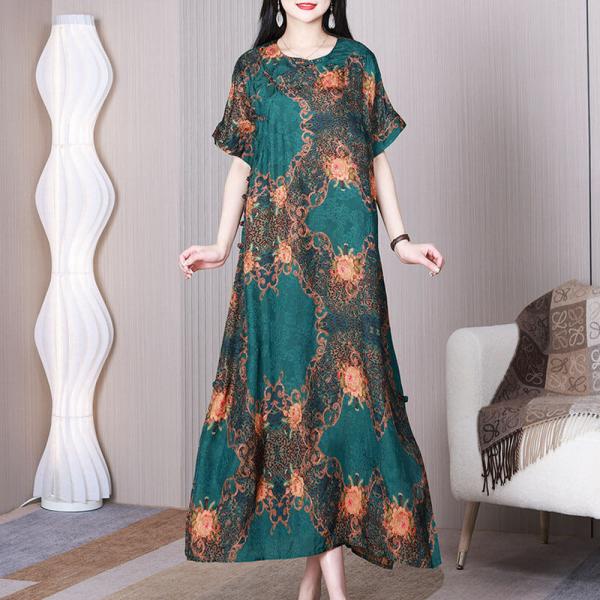 Short Sleeves Elegant Green Qipao Dress Jacquard Slit Dress