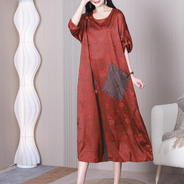 Jacquard Pocket Plus Size Caftan Slanted Buttons Silk Dress