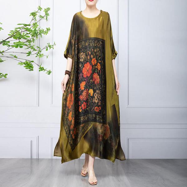 Chinese Peony Silky Caftan Dress Midi Loose Elegant Dress