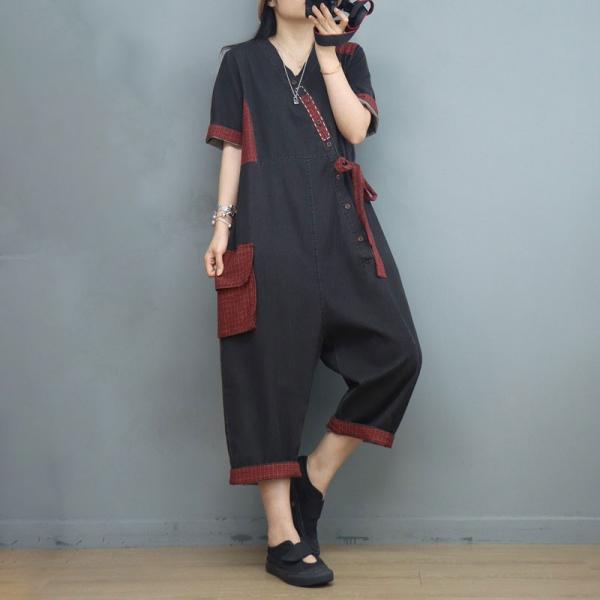 Red Hem Tied Waist Jumpsuits Short Sleeves Black Jean Jumpsuits