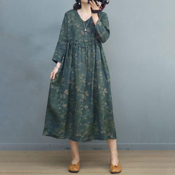 Tie Waist Floral Green Dress Ramie Loose Resort Wear