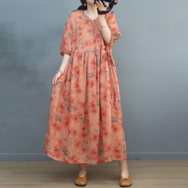 Side Tied Floral Beach Dress Puff Sleeves Ramie Hawaii Dress