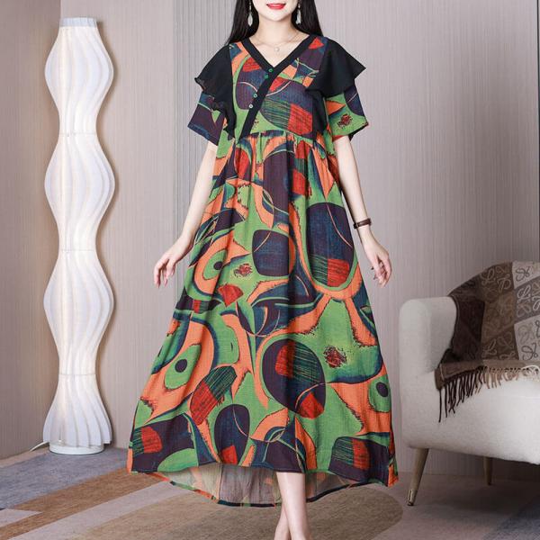 Abstract Pattered Flouncing Dress Loose Silk Cruise Wear