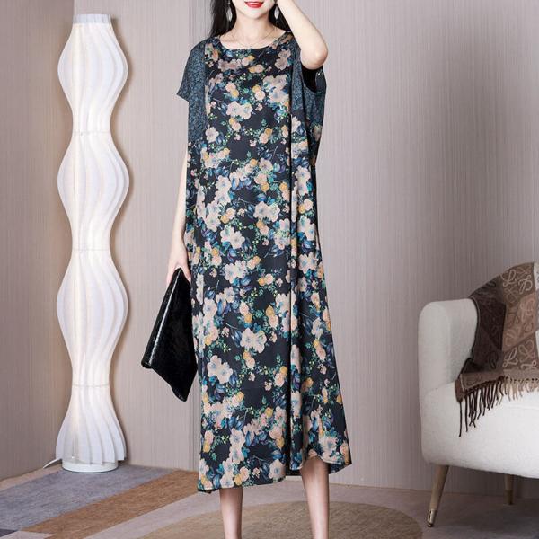 Short Sleeves Flowers Blue Dress Cozy Jacquard Summer Frocks