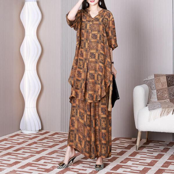 Over40 Style Printed Plaid Tunic Dress with Wide Leg Pant Sets