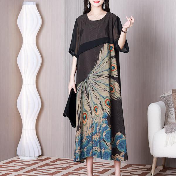 Feather Patterned Black Shift Dress Half Sleeves Concert Dress