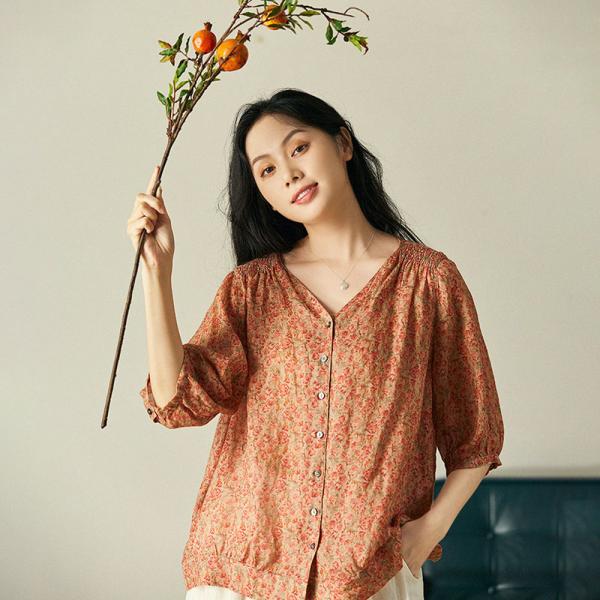 Hawaii Style Floral Shirt V-Neck Puff Sleeve Resort Wear