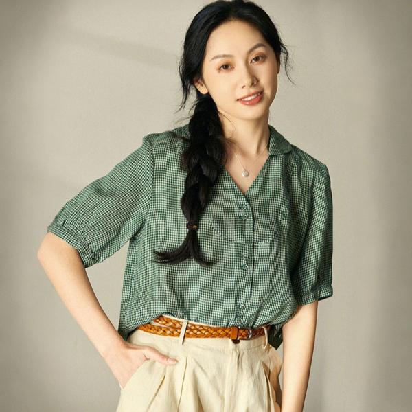 Classic Green Plaid Blouse Summer Linen Shirt for Women