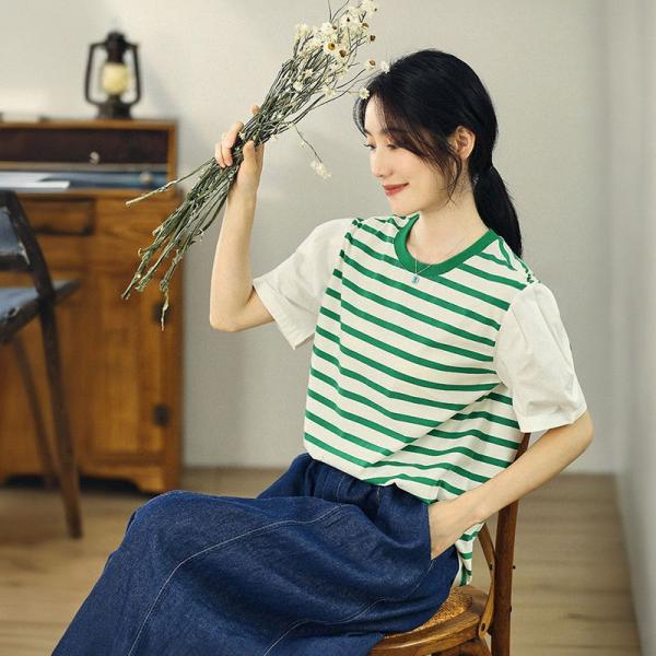 Green Striped Korean T-shirt White Sleeves Lovely Tee