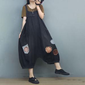 Low Crotch Balloon Legs Overalls Patchwork 90s Overalls