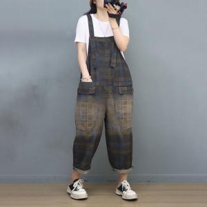 Stone Wash Black Tartan Overalls Baggy Gardening Overalls