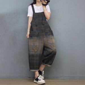 Stone Wash Black Tartan Overalls Baggy Gardening Overalls