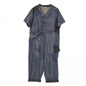 Slanted Button V-Neck Tied Jumpsuits Soft Denim Casual Coveralls