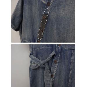 Slanted Button V-Neck Tied Jumpsuits Soft Denim Casual Coveralls