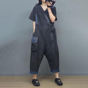 Slanted Button V-Neck Tied Jumpsuits Soft Denim Casual Coveralls