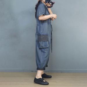 Slanted Button V-Neck Tied Jumpsuits Soft Denim Casual Coveralls
