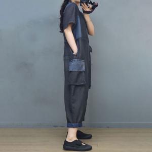 Slanted Button V-Neck Tied Jumpsuits Soft Denim Casual Coveralls