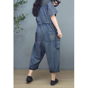 Slanted Button V-Neck Tied Jumpsuits Soft Denim Casual Coveralls